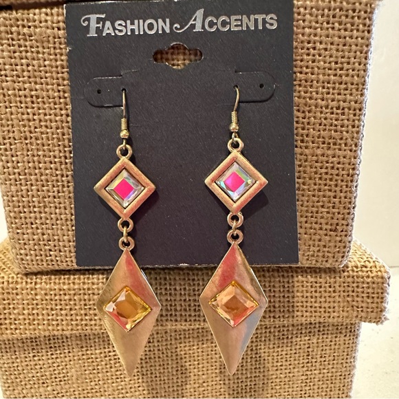 NWT Fashion Accents Earrings matte gold tone w/ Aurora Borealis Crystal dangles - Picture 1 of 8